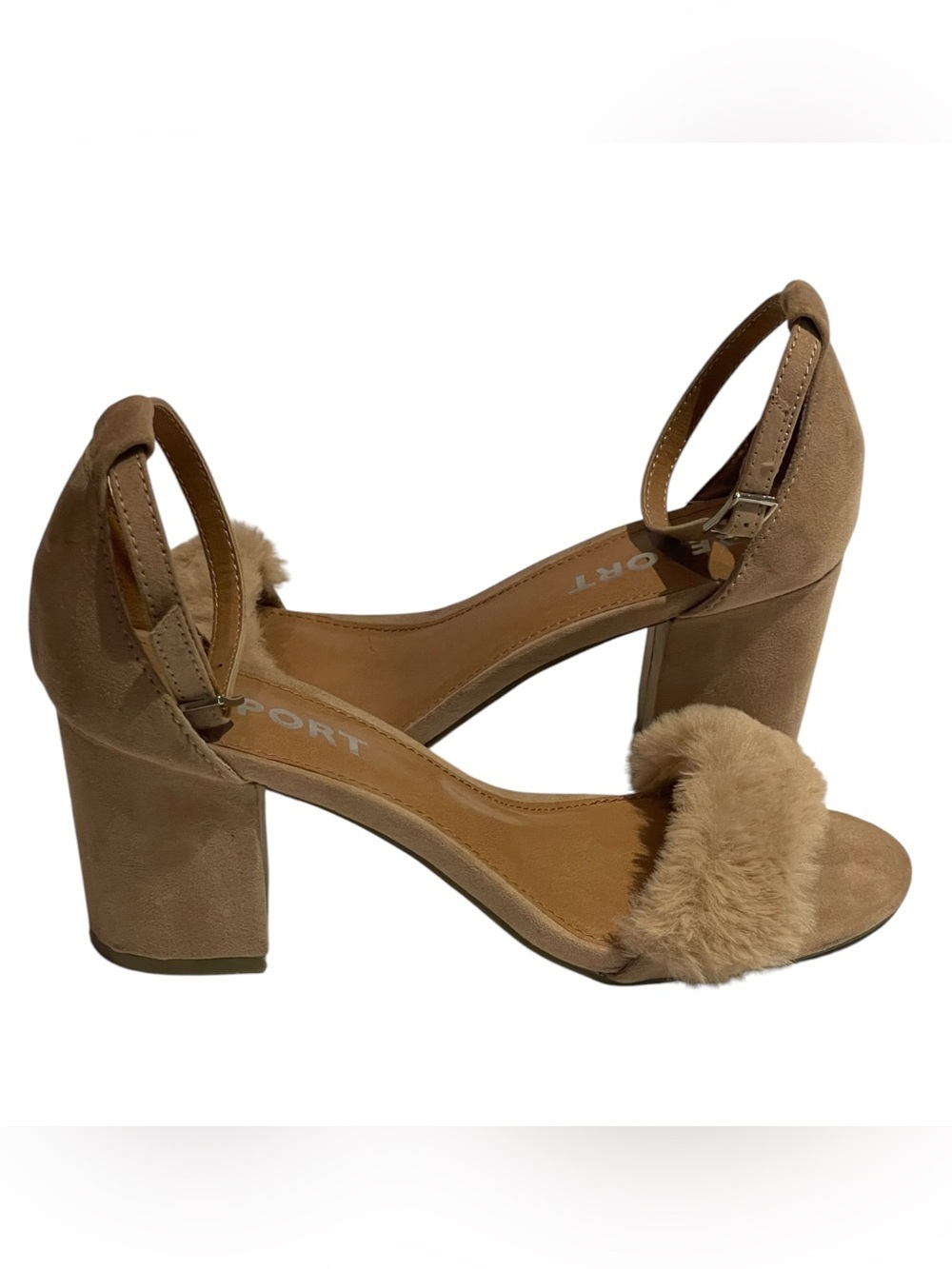 REPORT BLUSH/NUDE FAIRY FAUX FUR BLOCK HEEL SANDALS SZ 6.5 EUC